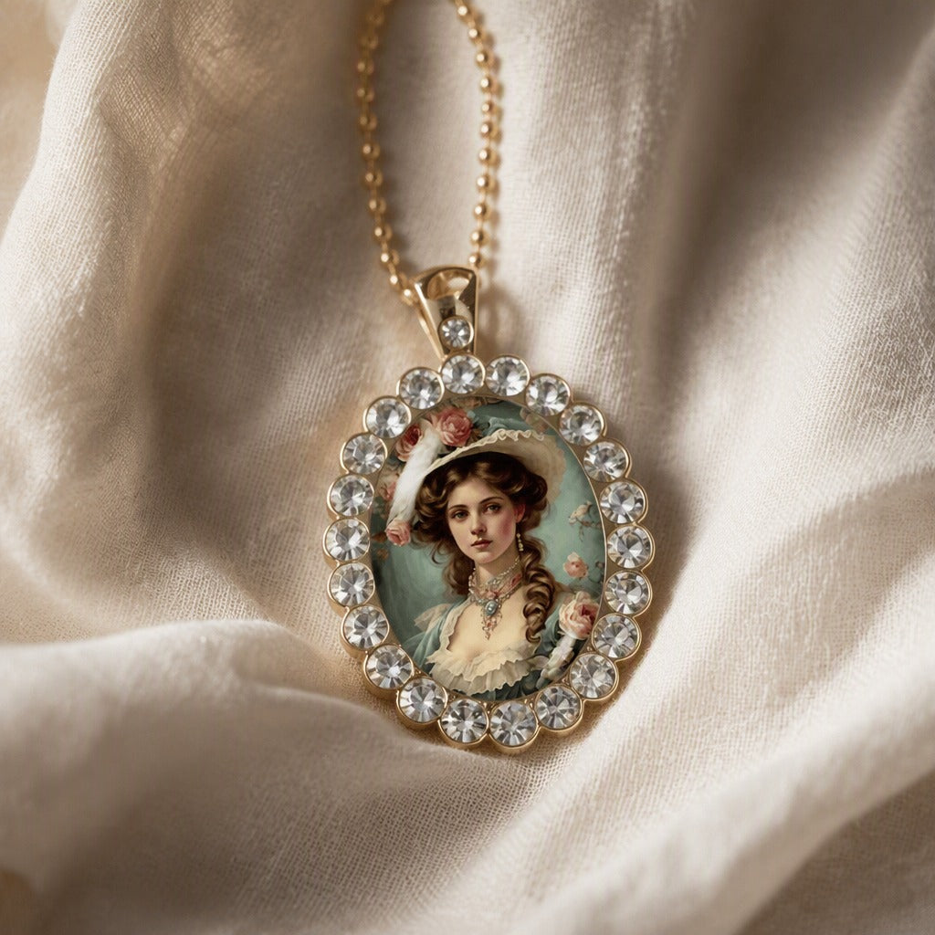 Oval Vintage Portrait Cameo Necklace with Rhinestone Halo and Gold-Tone Chain — main image