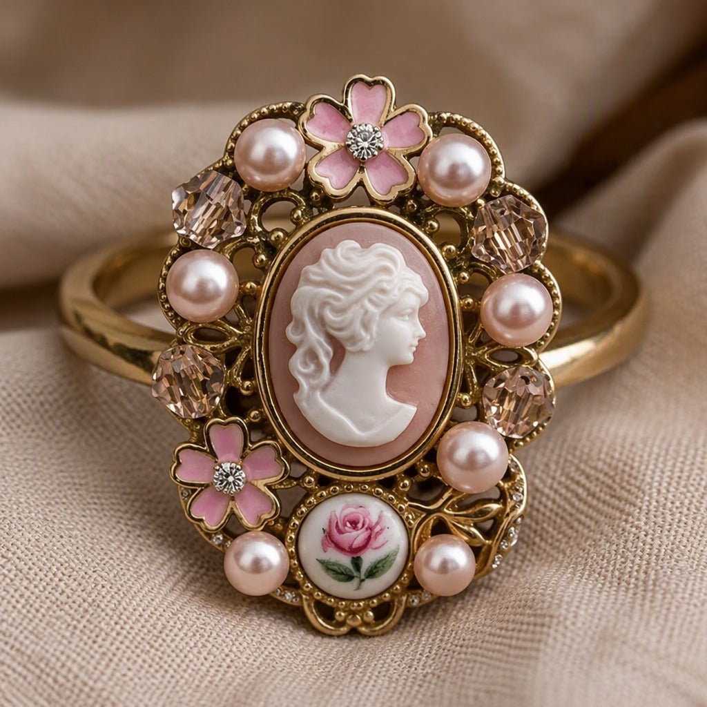 Vintage Cameo Portrait Statement Ring with Pearl and Enamel Flower Accents — view 2
