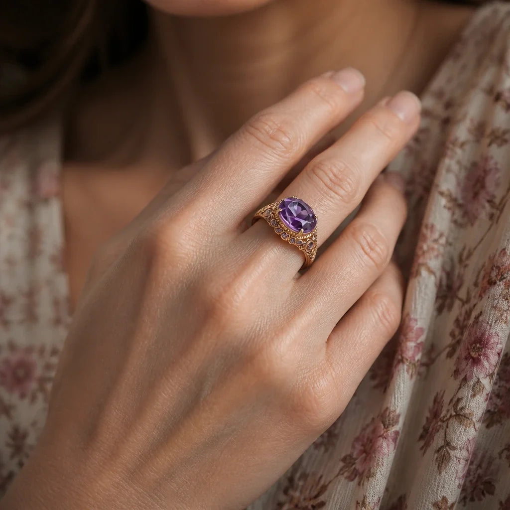 Oval Amethyst Ring with Ornate Filigree Band