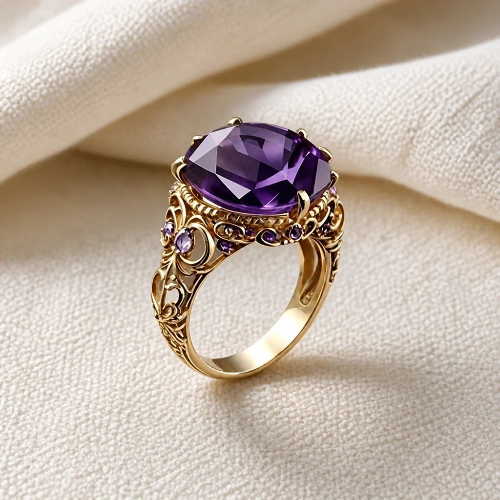 Oval Amethyst Ring with Ornate Filigree Band