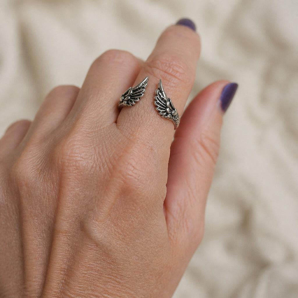 Angel Wings Adjustable Ring in Oxidized Silver Tone — main image