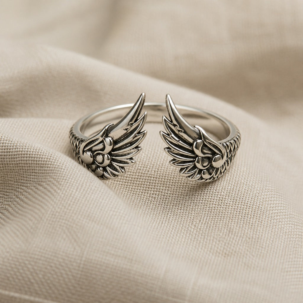 Angel Wings Adjustable Ring in Oxidized Silver Tone — view 2