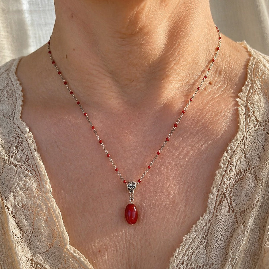 Oval Red Stone Y-Necklace with Hand-Knotted Beads and Antiqued Silver-Tone Chain — main image