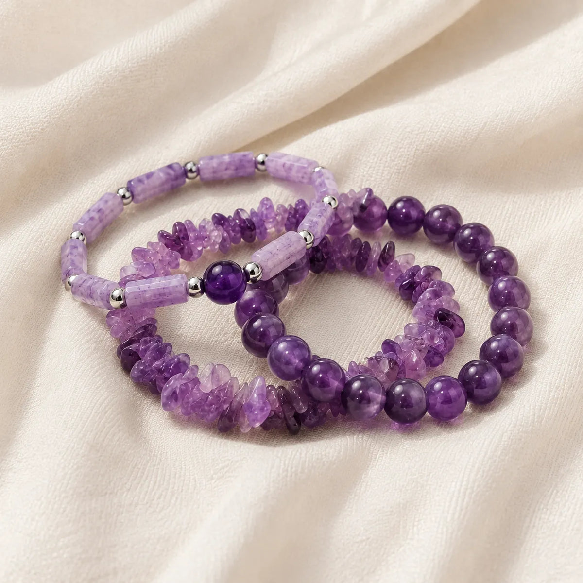 Amethyst Beaded Bracelet Set, 3 Stackable Bracelets with Silver-Tone Accents
