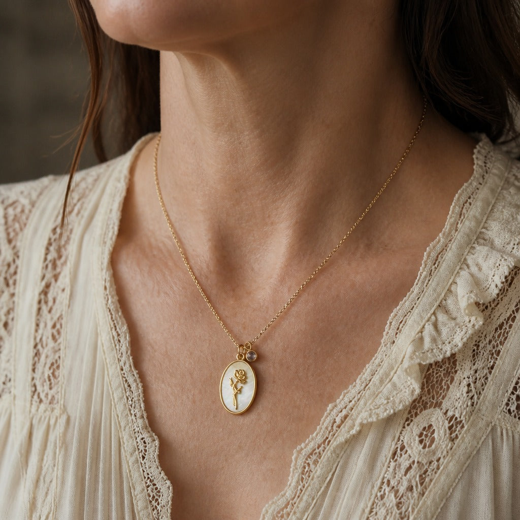 Oval Flower Pendant Necklace with Pearlescent Inlay and Birthstone Charm — main image