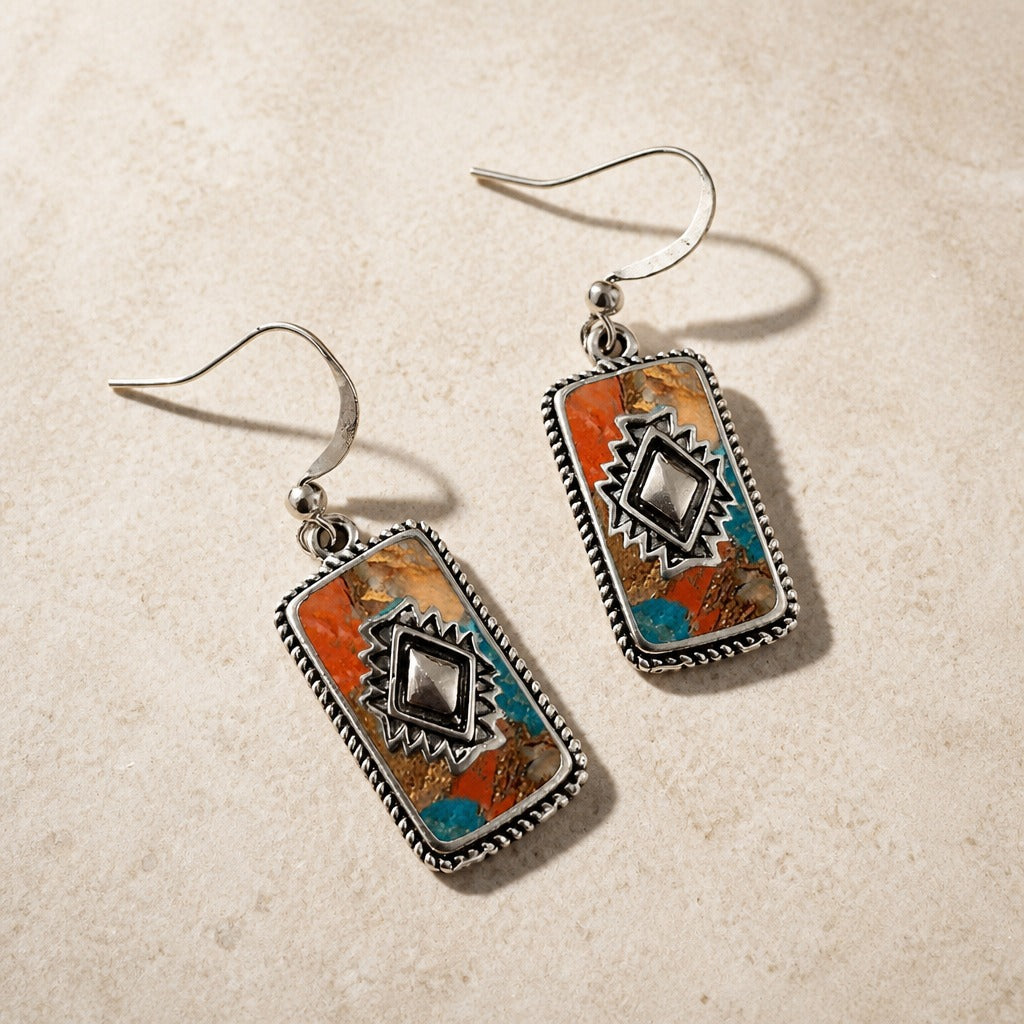 Aztec Geometric Mosaic Dangle Earrings with Turquoise and Rust Resin Inlay — main image