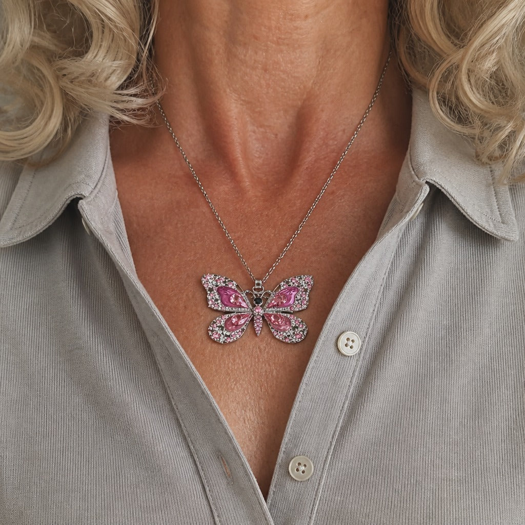 Crystal Butterfly Pendant Necklace with Pavé-Set Wings and Teardrop Stones — view 3