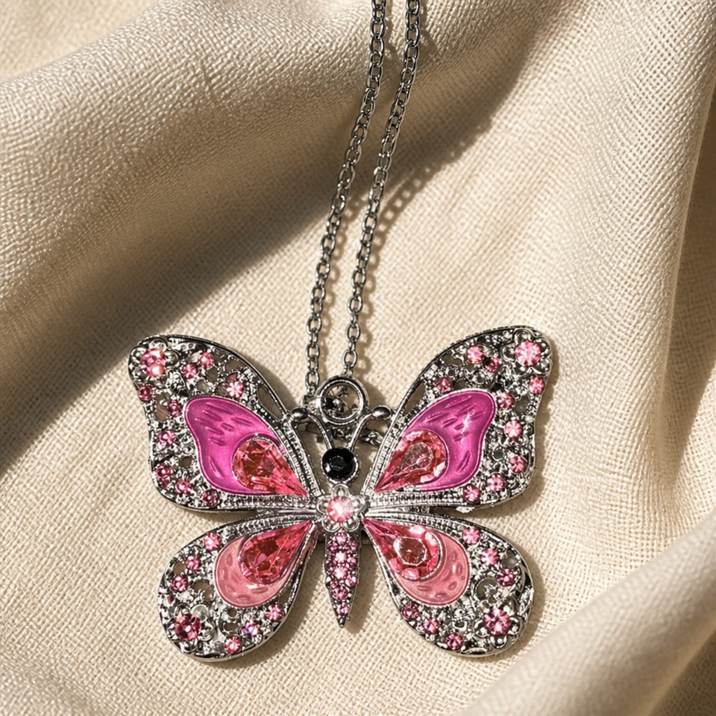 Crystal Butterfly Pendant Necklace with Pavé-Set Wings and Teardrop Stones — main image