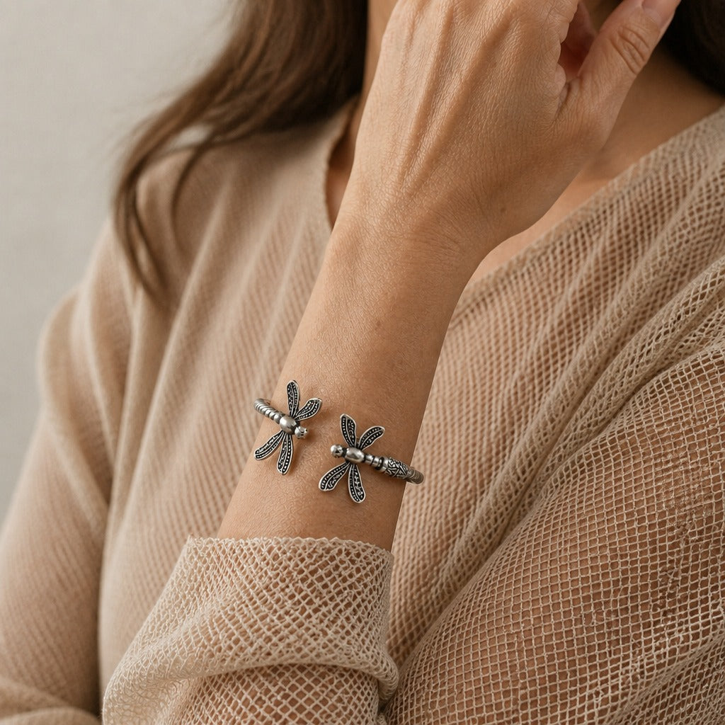 Dragonfly Cuff Bracelet with Twisted Silver-Tone Band — main image