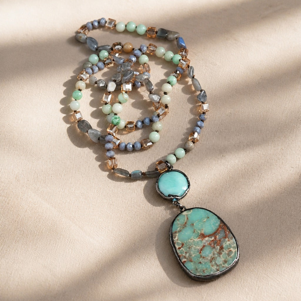 Long Turquoise Double-Drop Pendant Necklace with Mixed Stone Beads — main image