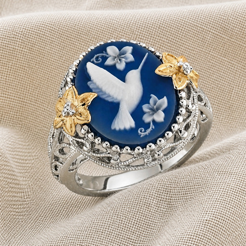 Dove & Floral Cameo Dome Ring with Silver-Tone Filigree Band — main image
