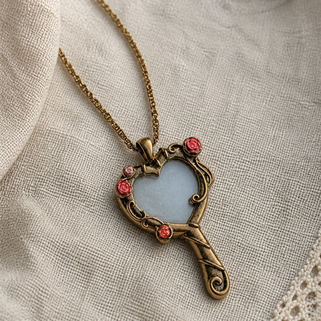 Heart-Shaped Light Blue Stone Pendant Necklace with Gold-Tone Scrollwork — view 2