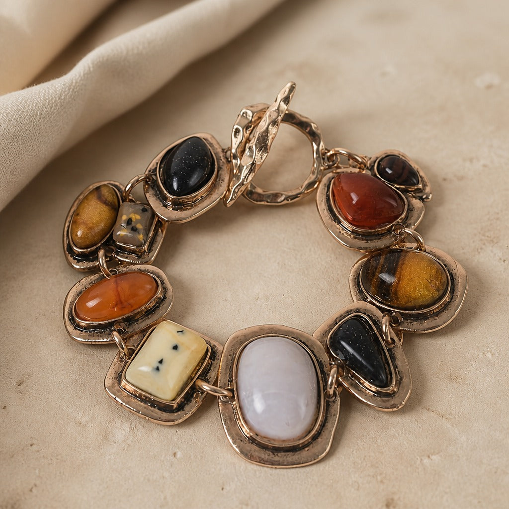 Multicolor Stone Cabochon Charm Bracelet with Ornate Bezel Settings — main image
