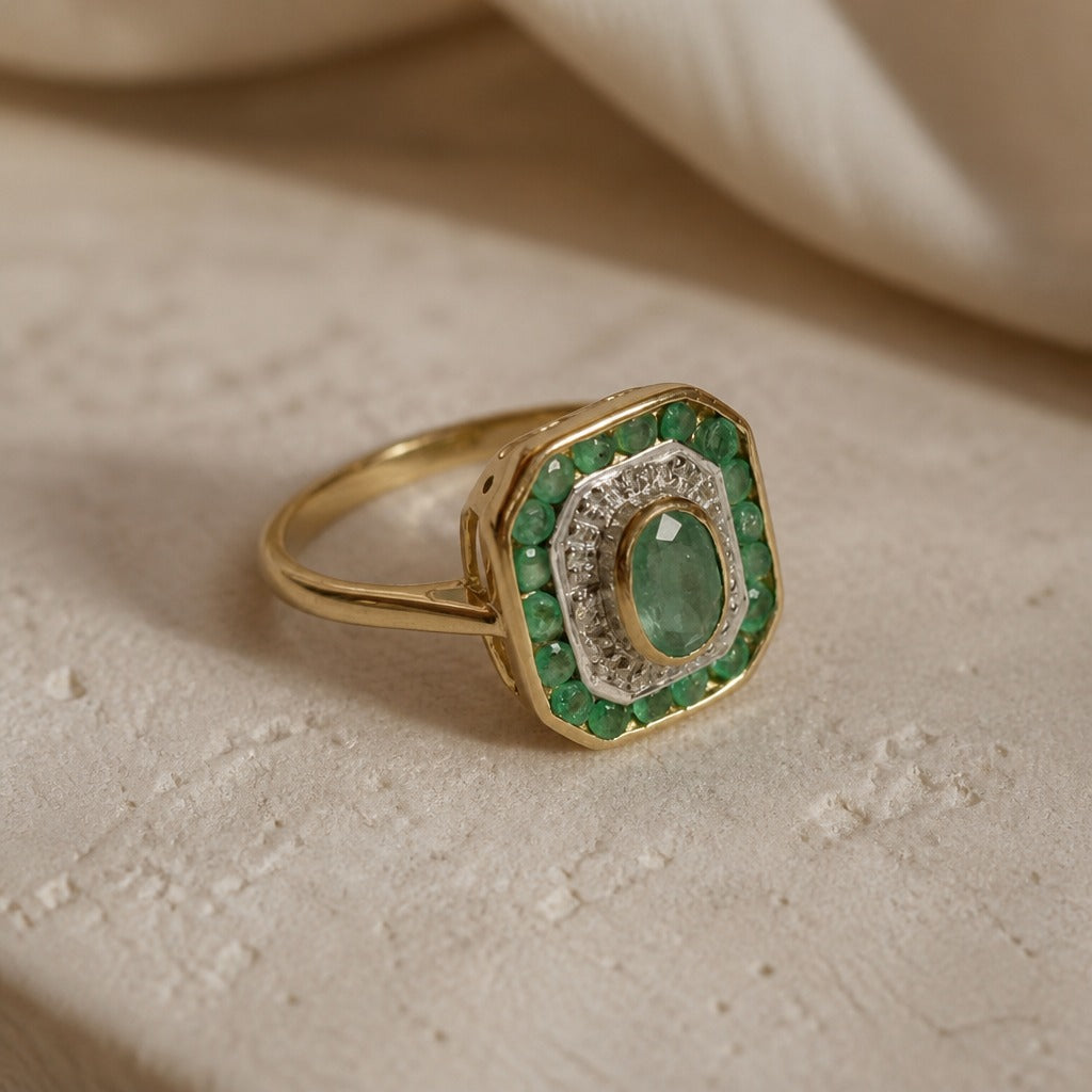 Emerald-Cut Teal Stone Halo Ring with Split Shank Band — main image