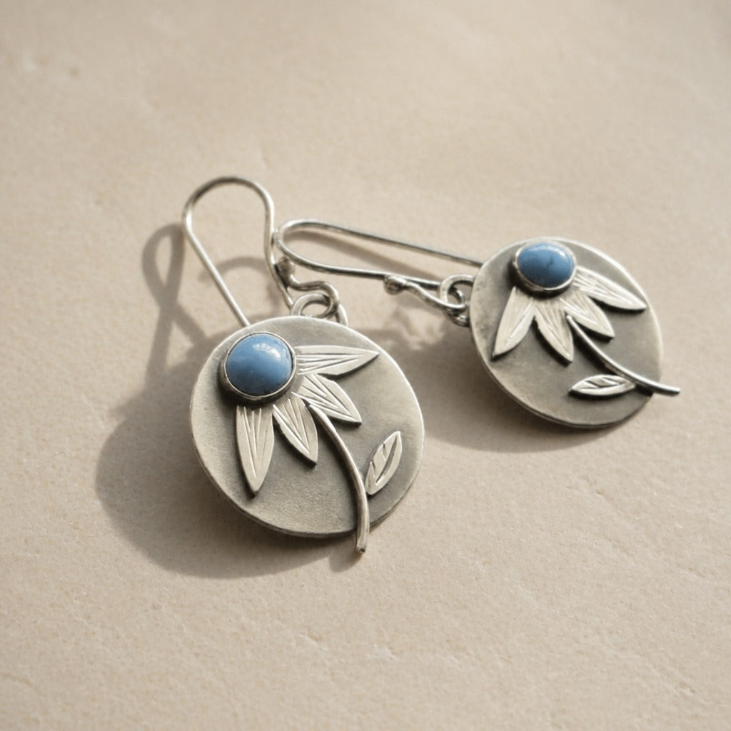 Floral Turquoise Disc Drop Earrings with Silver-Tone Finish — main image