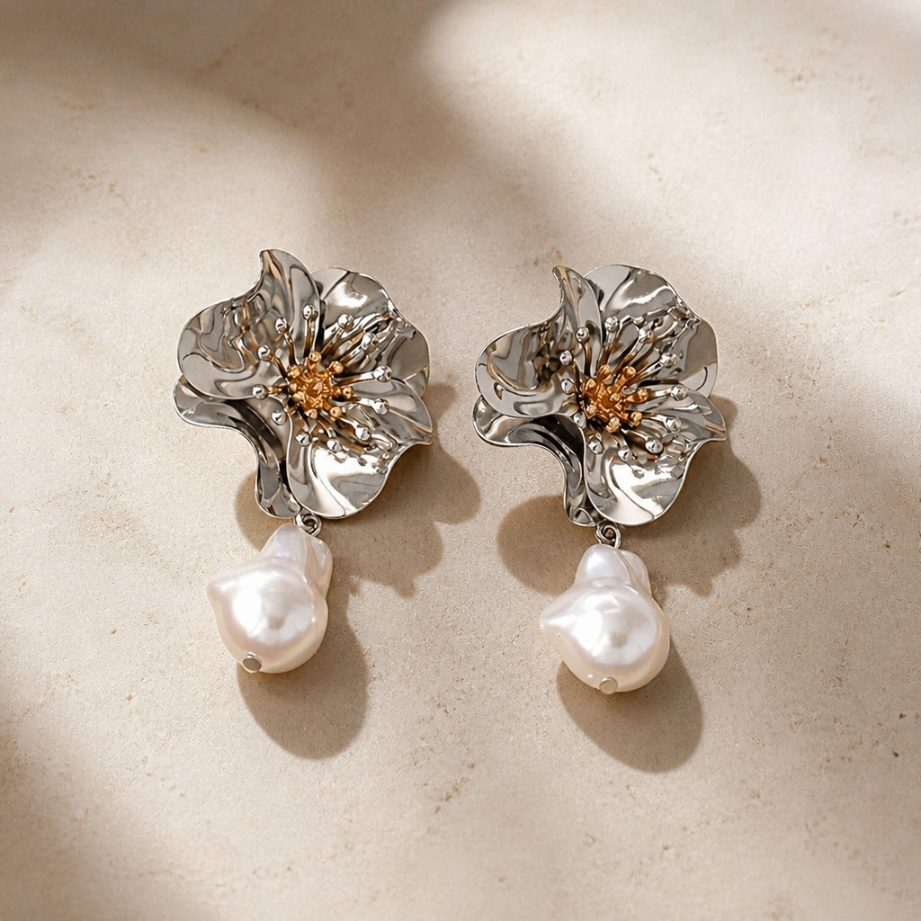 Baroque Pearl Flower Drop Earrings with Sculptural Petal Detail — view 4