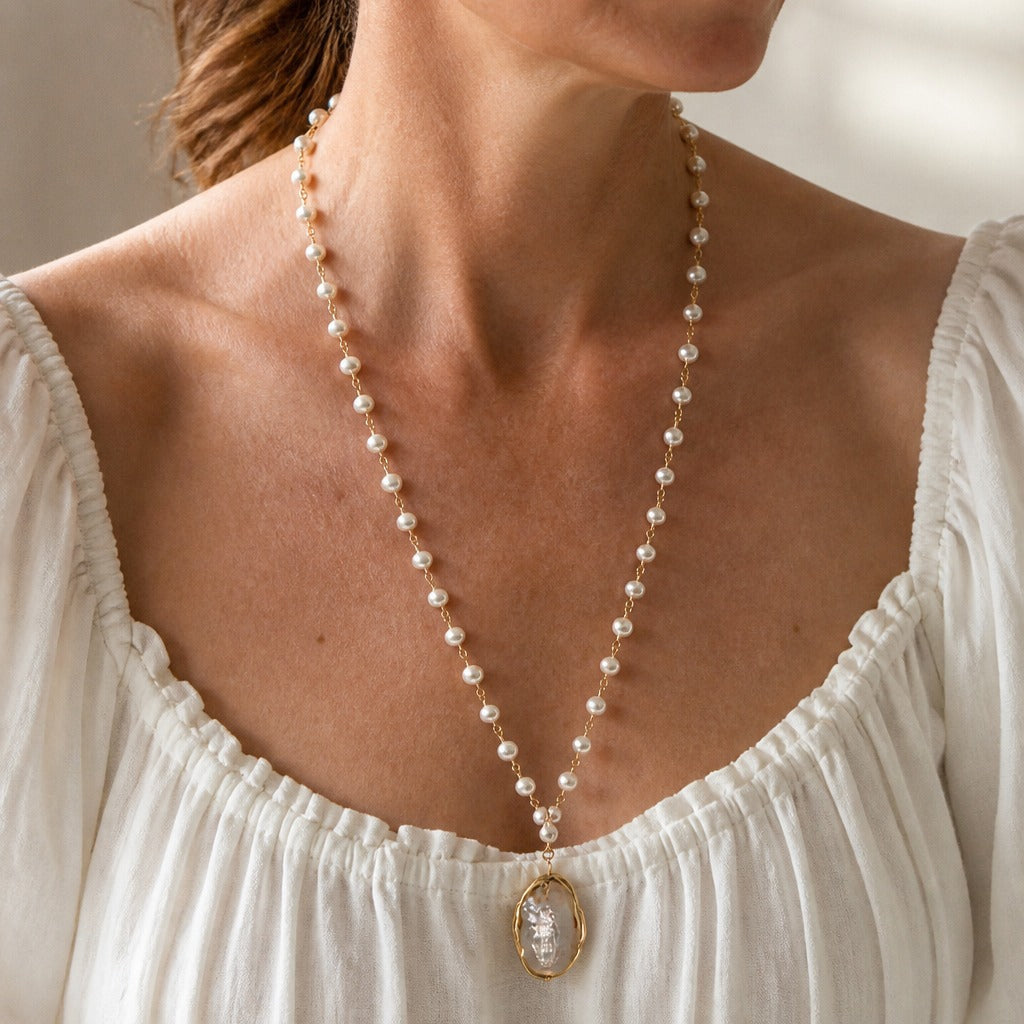 Oval Baroque Pearl Pendant Necklace with Gold-Tone Beaded Chain — main image
