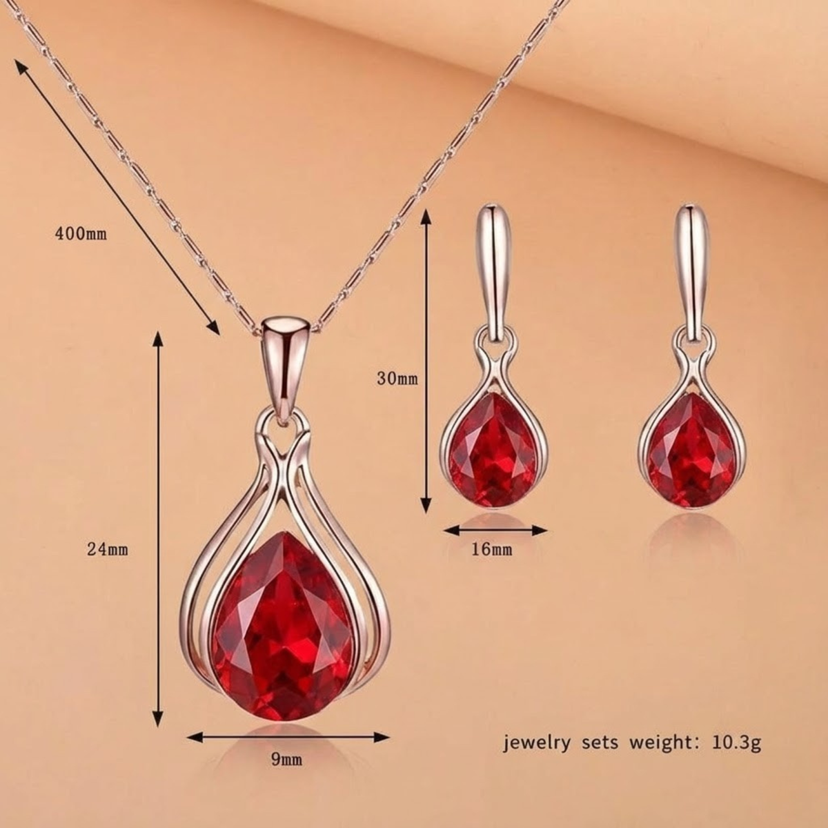 Teardrop Red Crystal Necklace & Earring Set in Rose Gold Tone with Bezel Setting — view 4