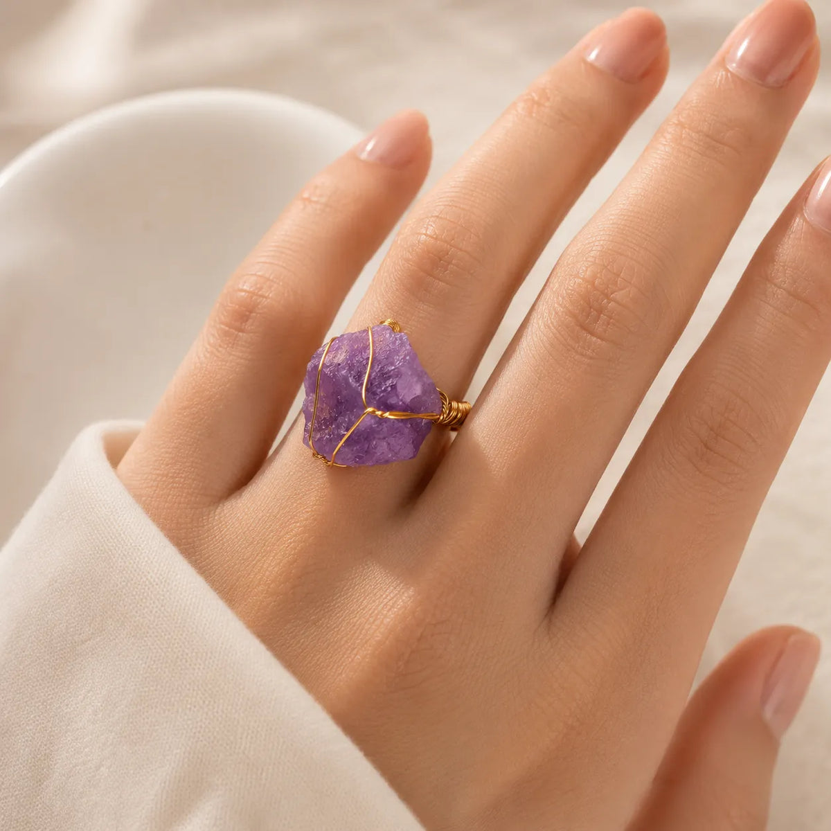 Raw Amethyst Wire-Wrapped Ring, Adjustable Gold-Tone Band