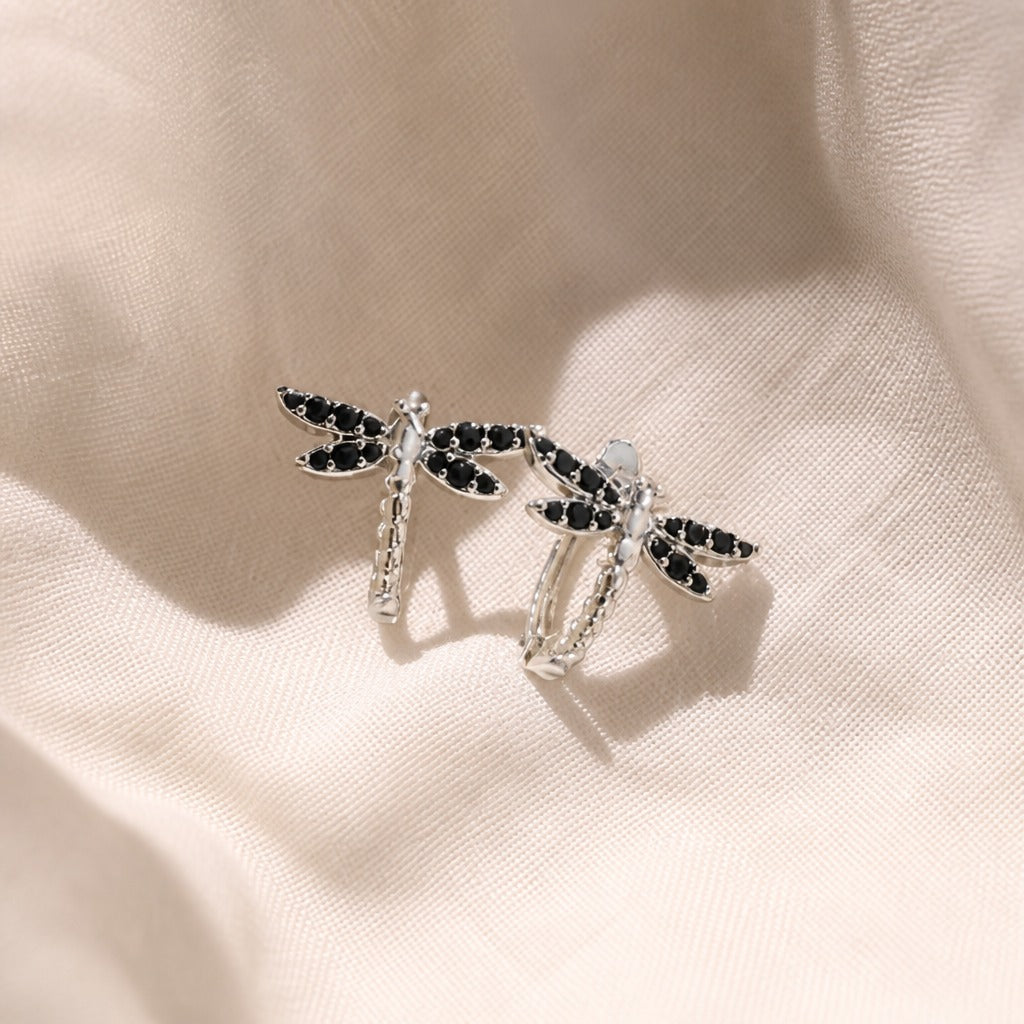 Dragonfly Black Zirconia Clip-On Earrings in Silver Tone — view 2