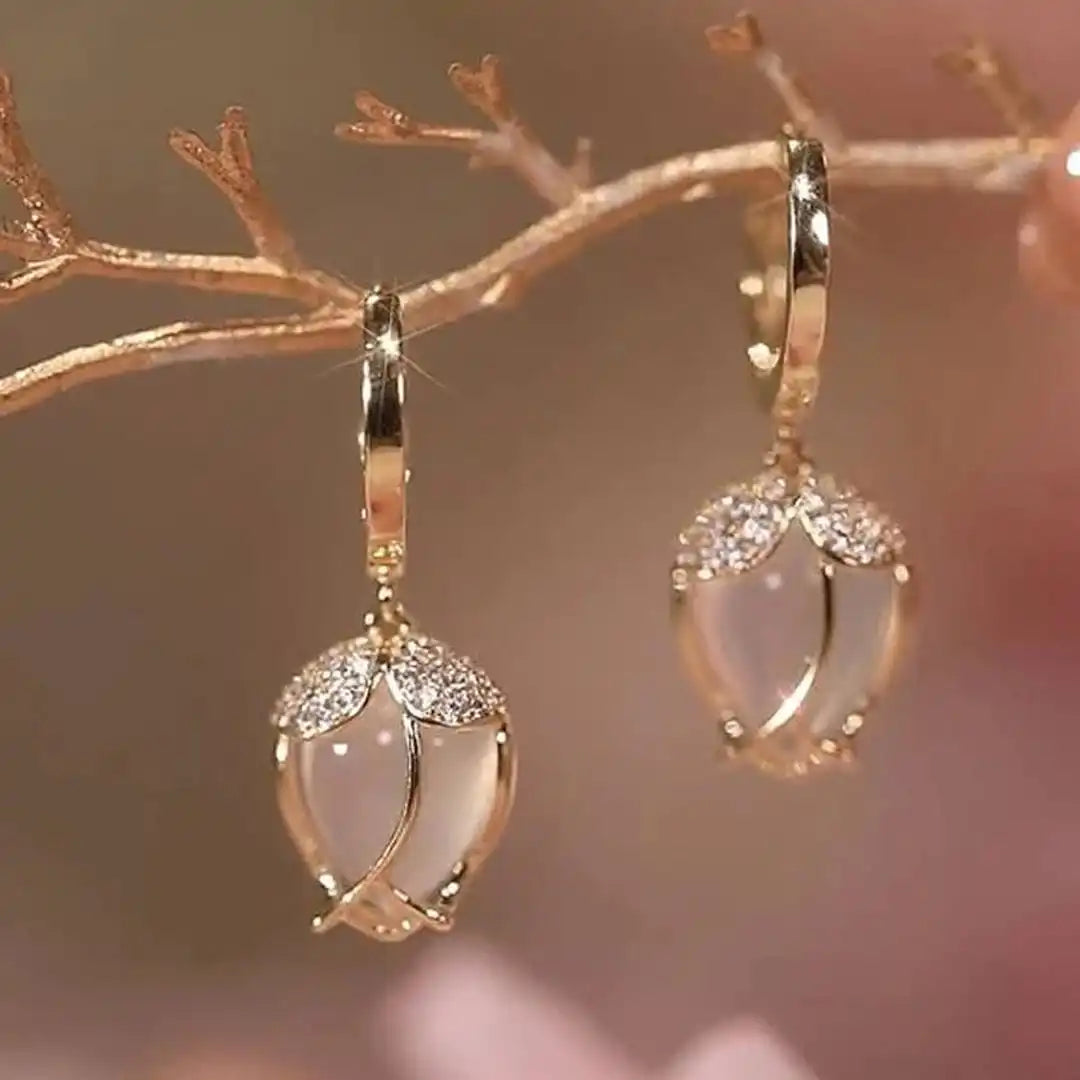 Tulip Drop Earrings with Pink Stone and Zirconia Leaf Accent — main image