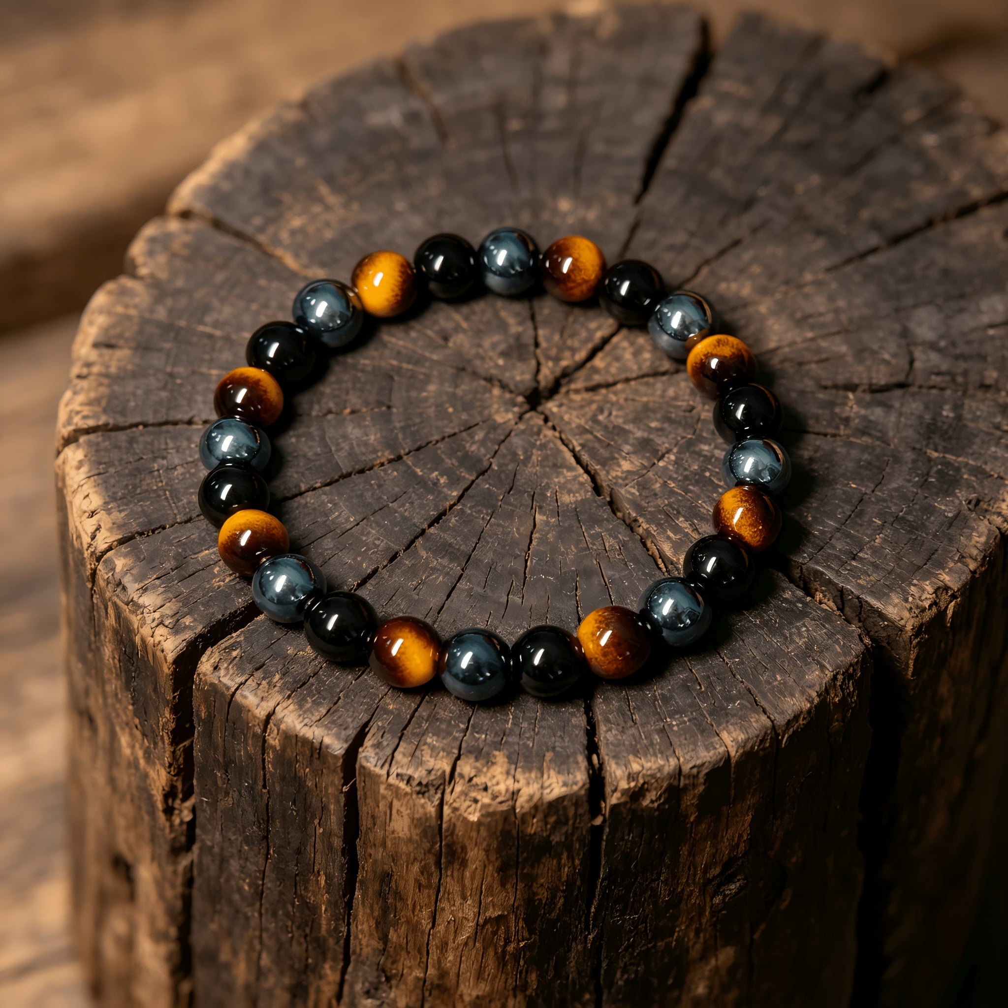 Tiger Eye, Hematite & Onyx Beaded Stretch Bracelet