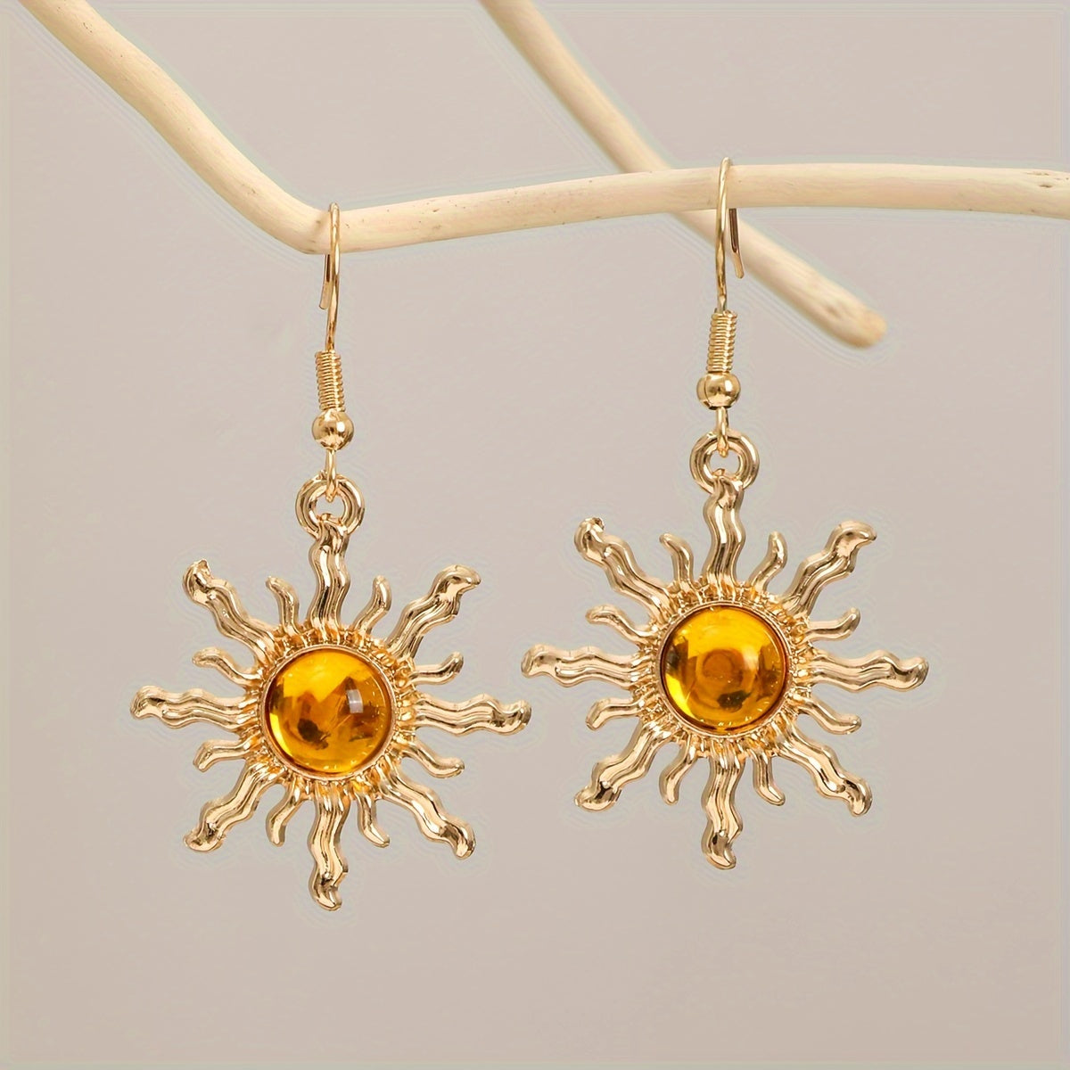 Sunburst Drop Earrings with Glass Cabochon and Fish Hook Wire