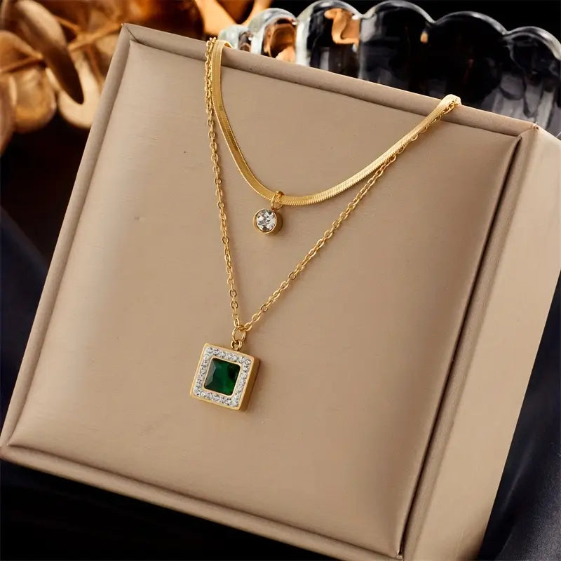 Layered Necklace with Square Emerald-Green Stone and Round Clear Stone Pendants in Gold Tone — view 2