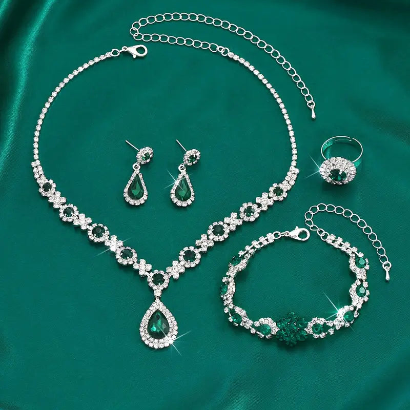 Teardrop Emerald Jewelry Set with Crystal Halo Accents, 4-Piece Necklace, Earrings, Bracelet & Ring