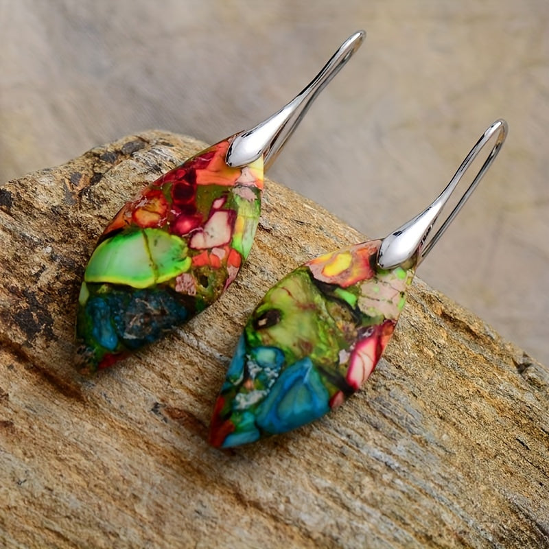 Teardrop Leaf Mosaic Stone Earrings with Silver-Plated Ear Wire