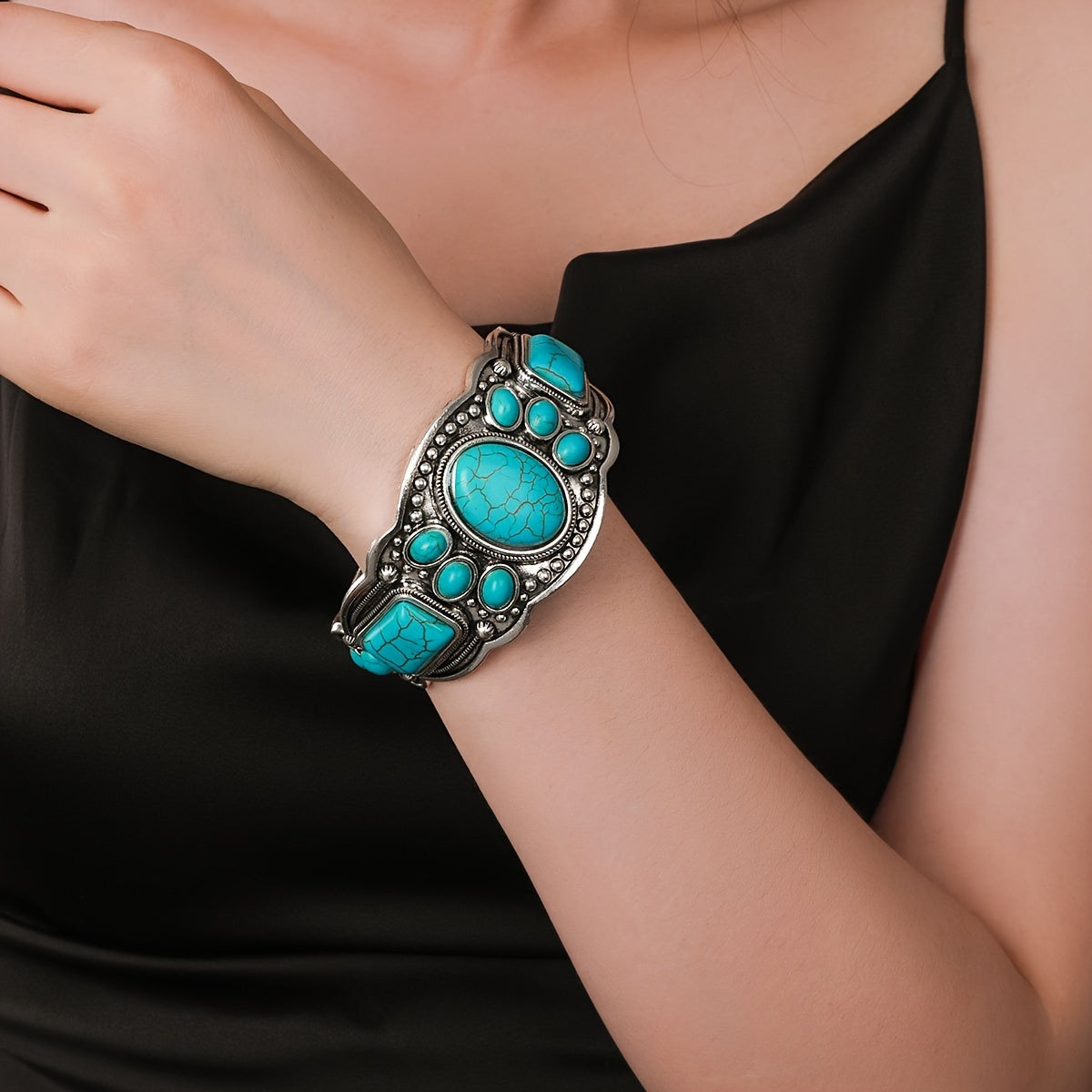 Oval Turquoise Cuff Bracelet with Beaded Silver-Tone Border