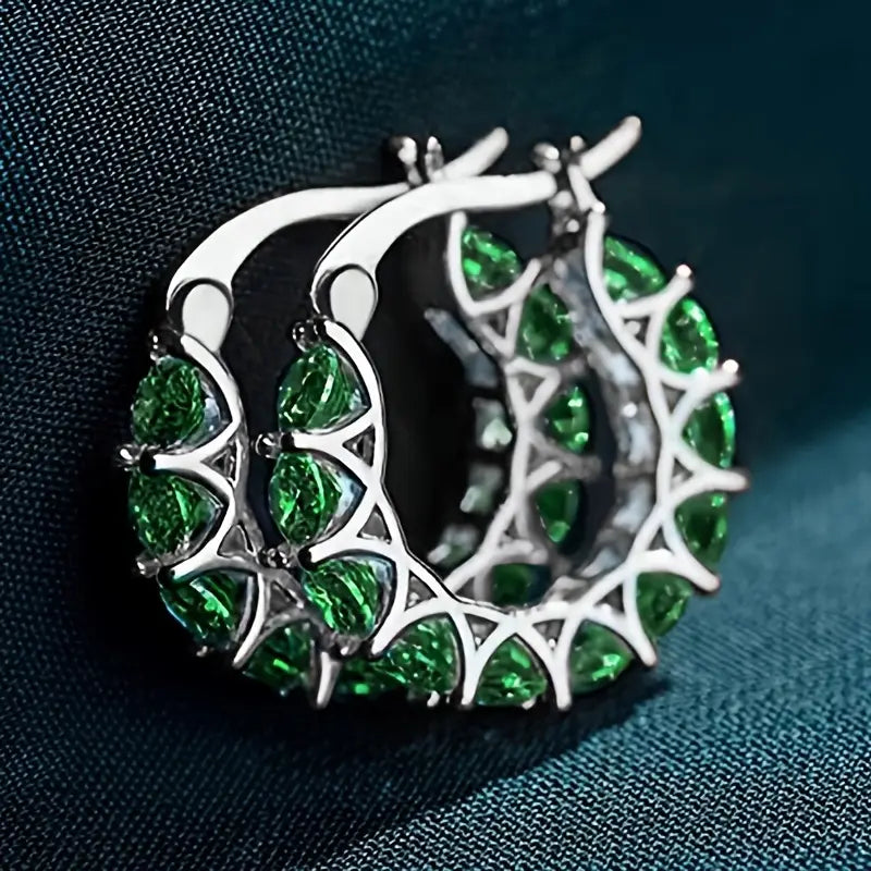 Emerald Hoop Earrings with Lattice Setting