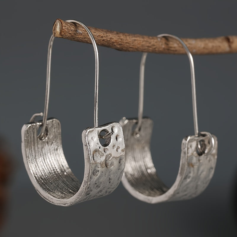 Small Textured Hoop Earrings, Vintage Silver-Tone Style with Curved Ear Wire