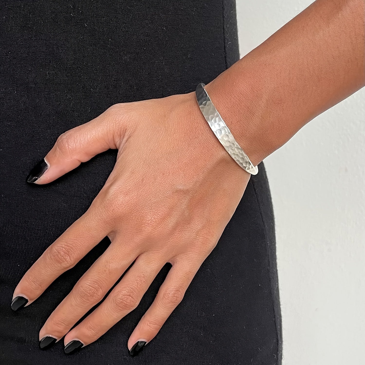 Hammered Silver Open Cuff Bracelet with Boho Vintage Texture