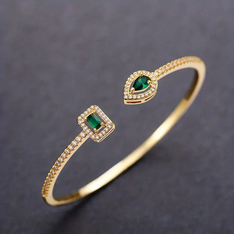 Dual Emerald Open Cuff Bracelet with Pavé Crystal Halo in Gold Tone — view 3