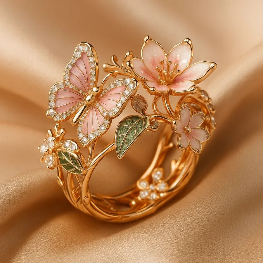 Butterfly Flower Zirconia Ring with Rose Gold-Tone Adjustable Band — view 5