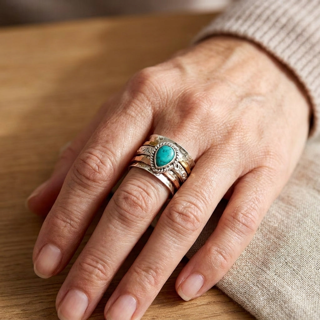 antique turquoise inlaid gold silver ring — lifestyle