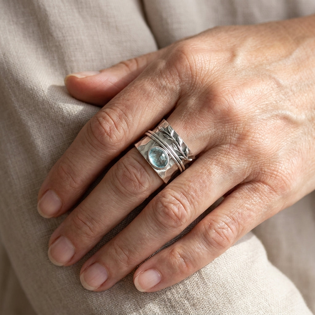 aquamarine leaf spinner ring sterling silver asr9180 — lifestyle