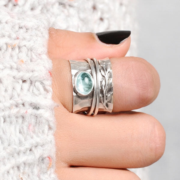 Aquamarine Leaf Spinner Ring in Hammered Sterling Silver