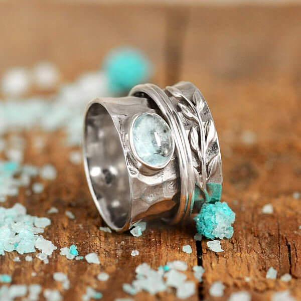 Aquamarine Leaf Spinner Ring in Hammered Sterling Silver