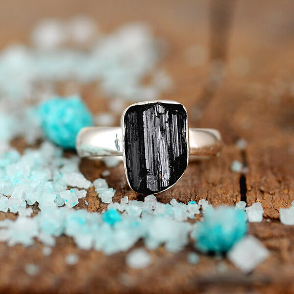 Raw Black Tourmaline Ring with Sterling Silver Band