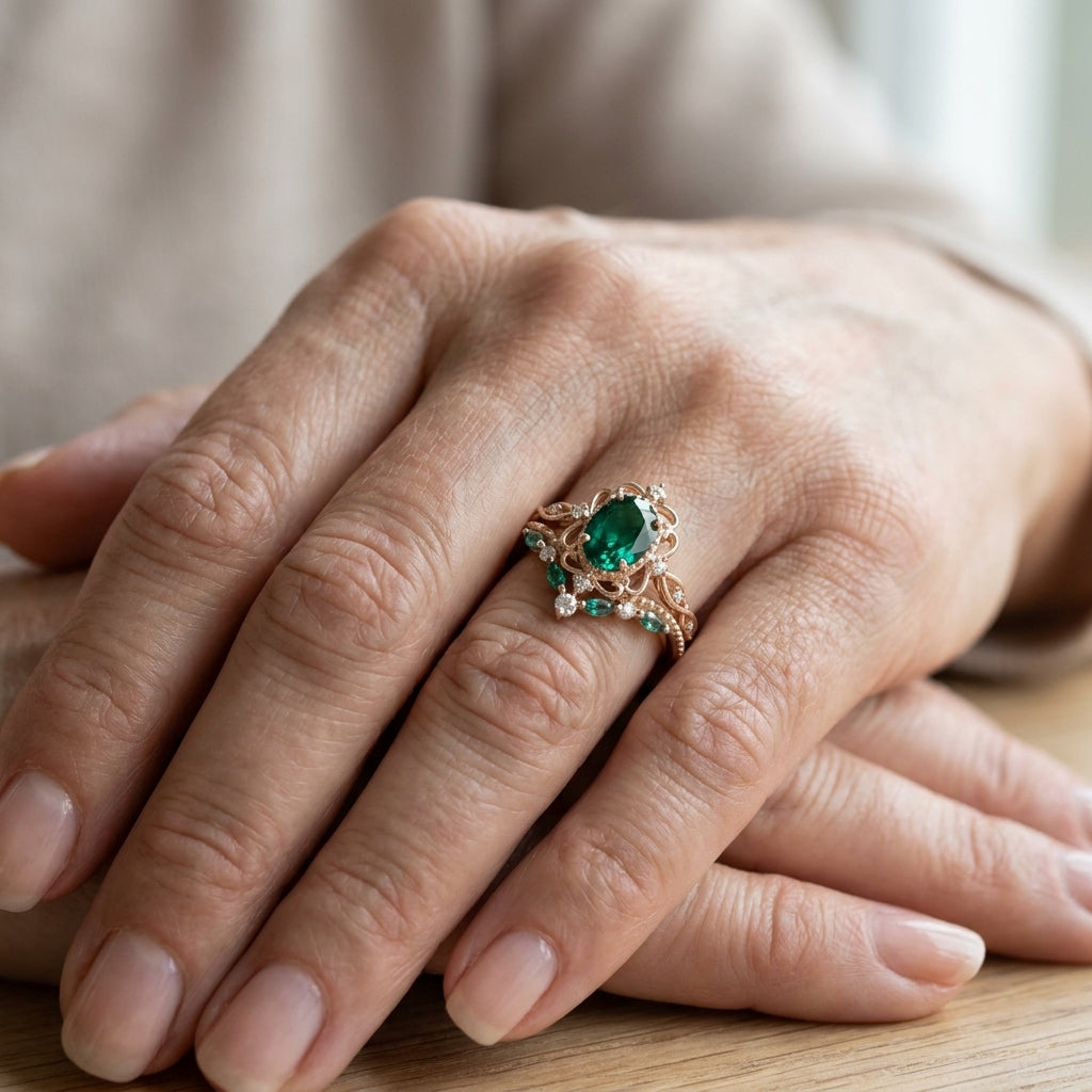 aurelle emerald crown ring set rose gold — lifestyle