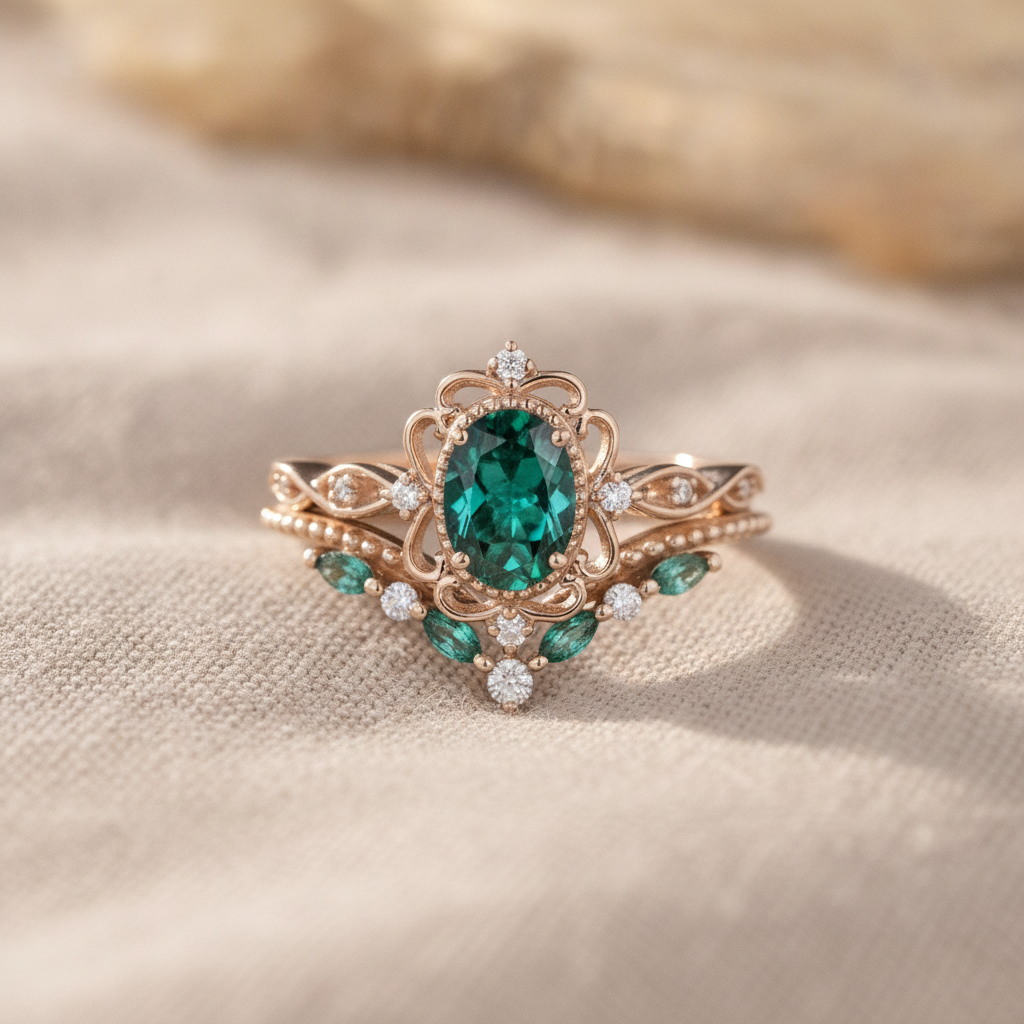 aurelle emerald crown ring set rose gold — studio