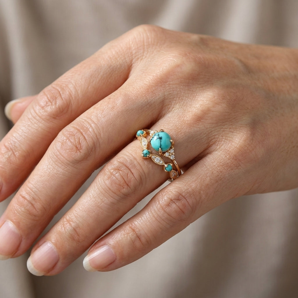 aureva turquoise crown ring set gold — lifestyle