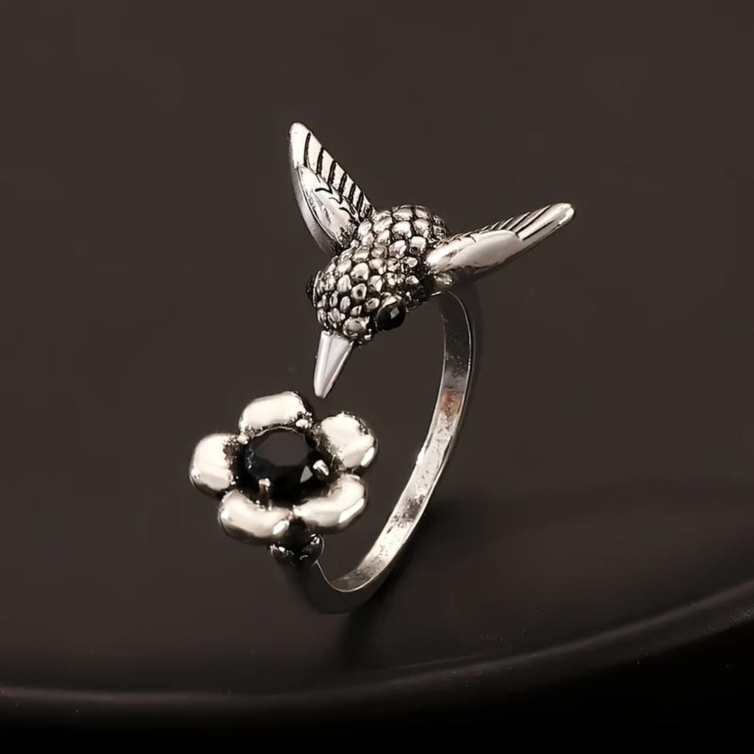 Hummingbird & Floral Black Stone Adjustable Ring — main image