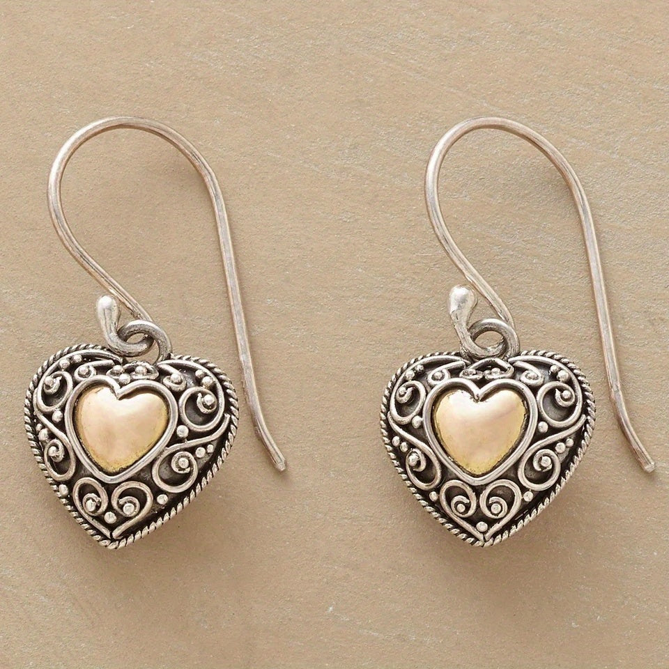 Heart Drop Earrings with Filigree Scrollwork and Gold-Tone Accent