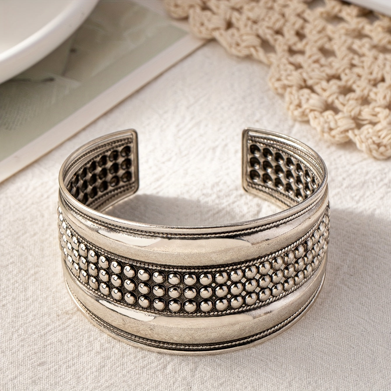 Wide Beaded Bohemian Open Cuff Bracelet in Silver Tone