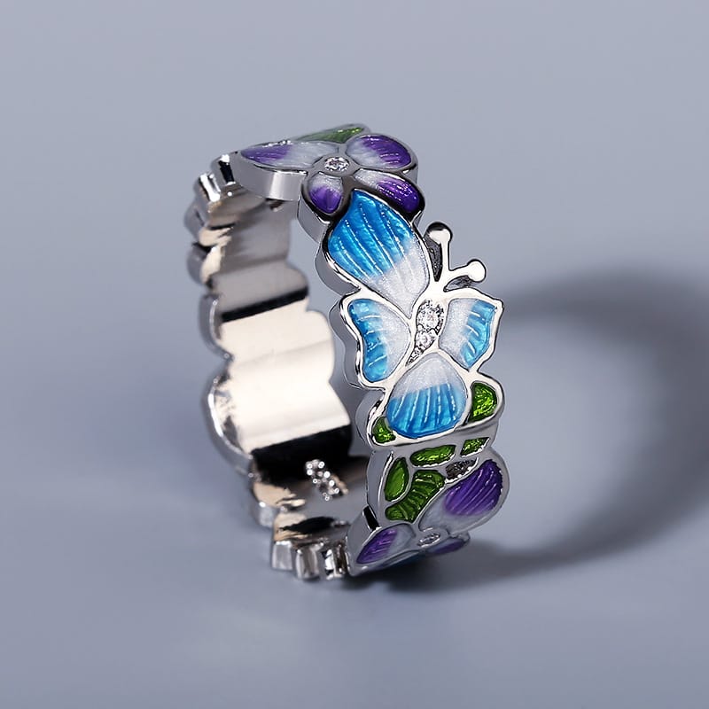 Butterfly & Floral Enamel Statement Ring with Rhinestone Accents