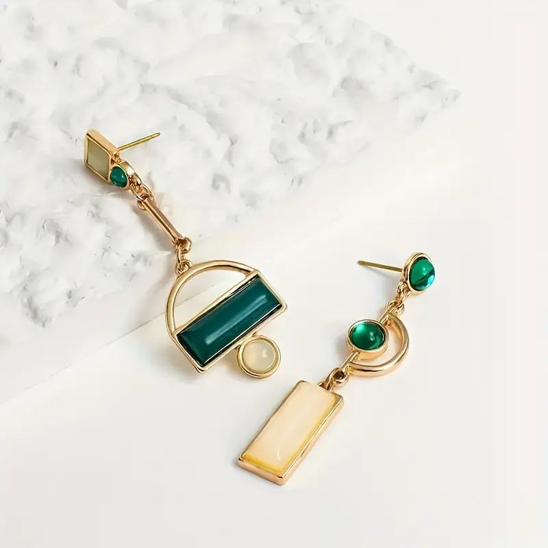 Asymmetrical Emerald and Cream Drop Earrings with Geometric Stones