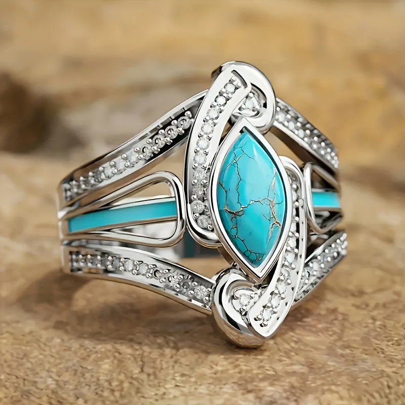 Turquoise Marquis Statement Ring with Scrollwork Cutout Band